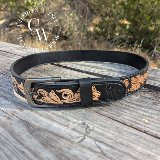 Men's Black Hand-Tooled Western Belt