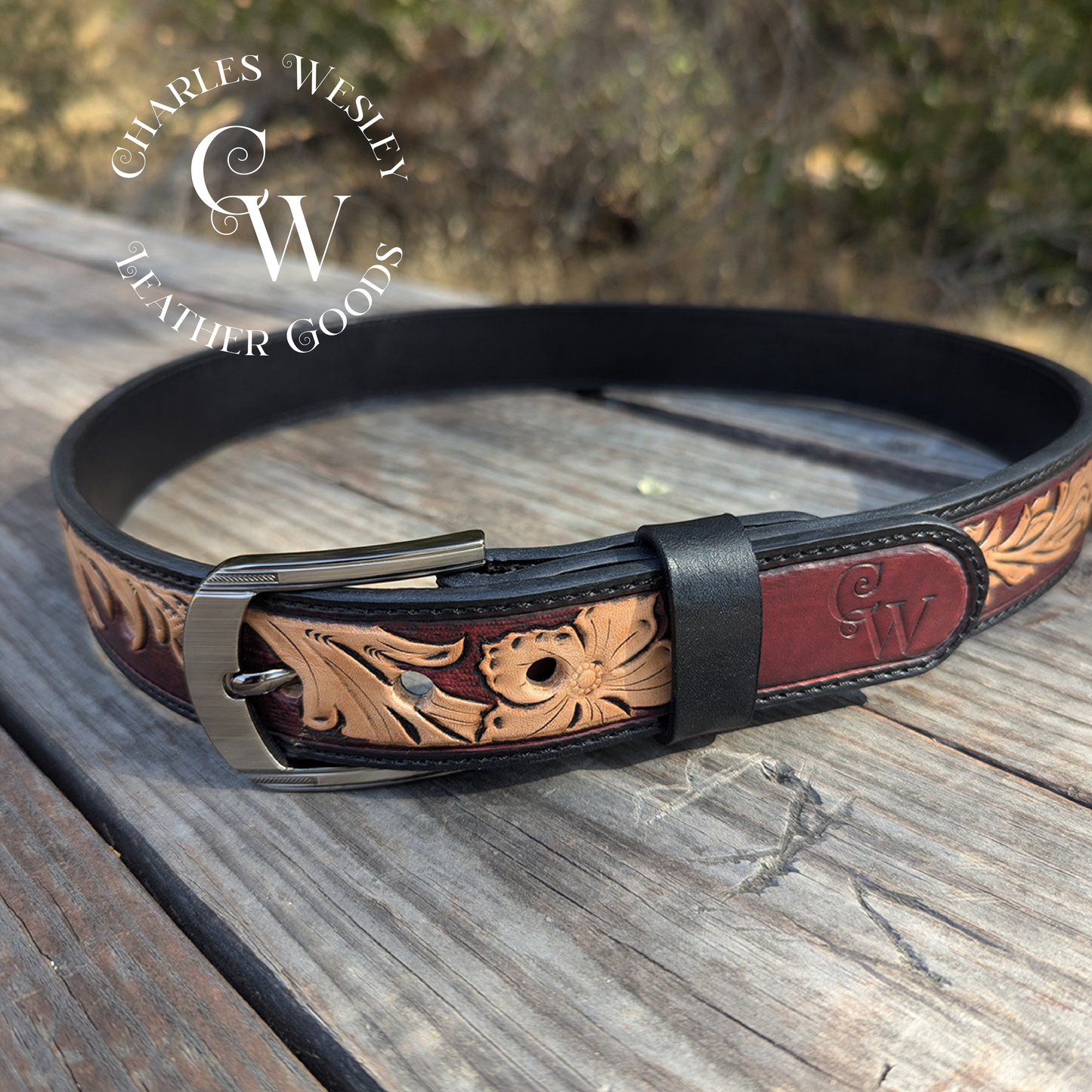 Men's Black w/ Red Hand-Tooled Western Belt